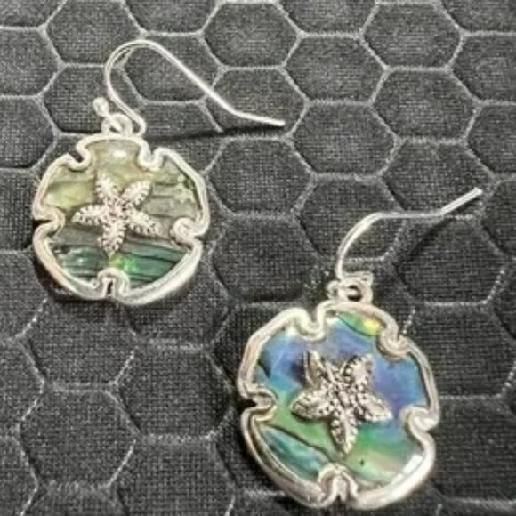 Venice By The Sea Jewelry Jewelry - Sand Dollar Earrings with Green Abalone Stones 18K White Gold Plated